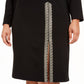 Calvin Klein Women's Embellished Slitted Long Sleeve Jewel Neck Below the Knee Wear to Work Sheath Dress Black Size 16W