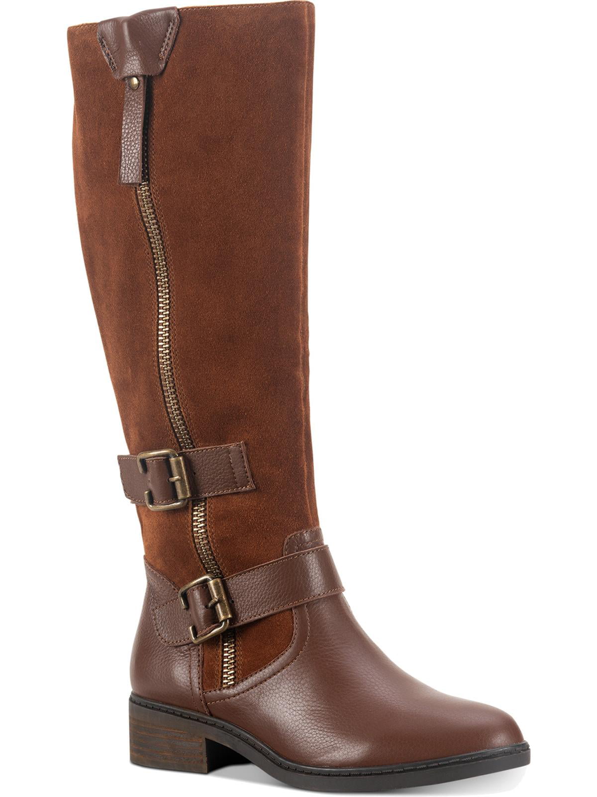 American Rag Women's Strap Detail Zipper Accent Buckle Accent Collins Block Heel Zip up Leather Boots Brown Size 7.5 M