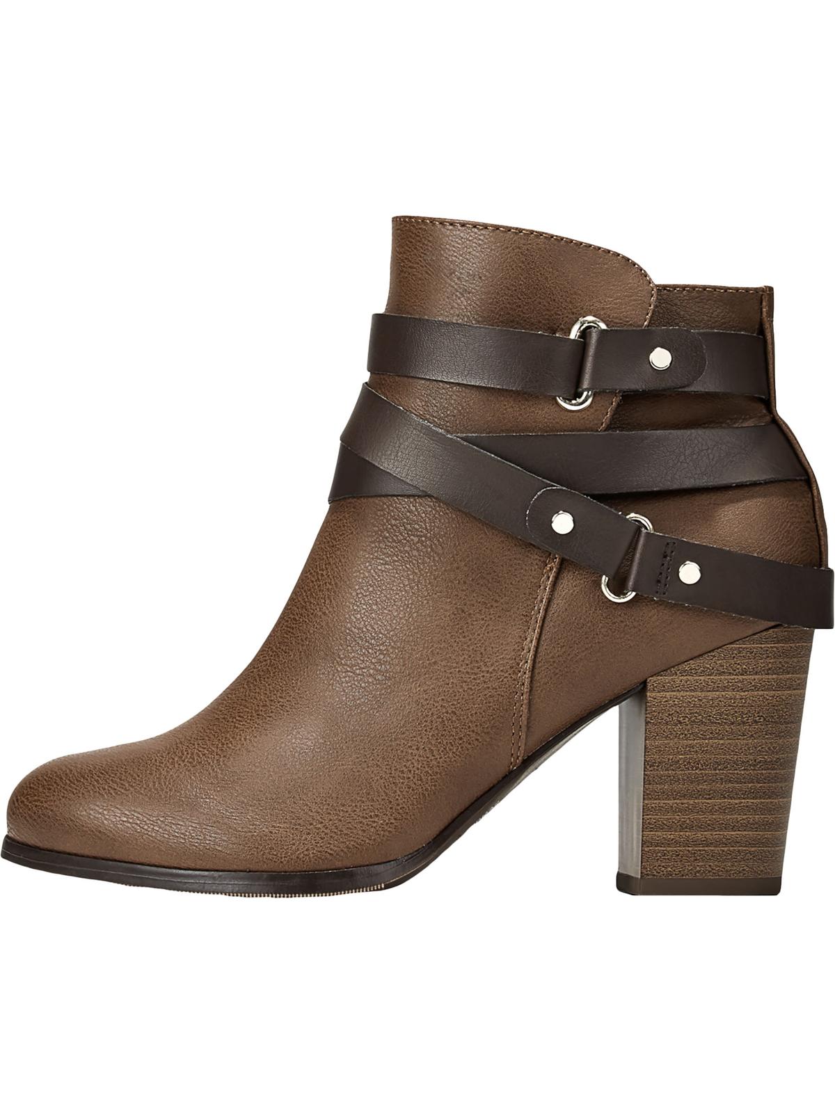 Material Girl Women's  Mixed Media Strappy Cushioned Buckle Accent Melany Round Toe Block Heel Zip-up Booties Brown Size 10 M