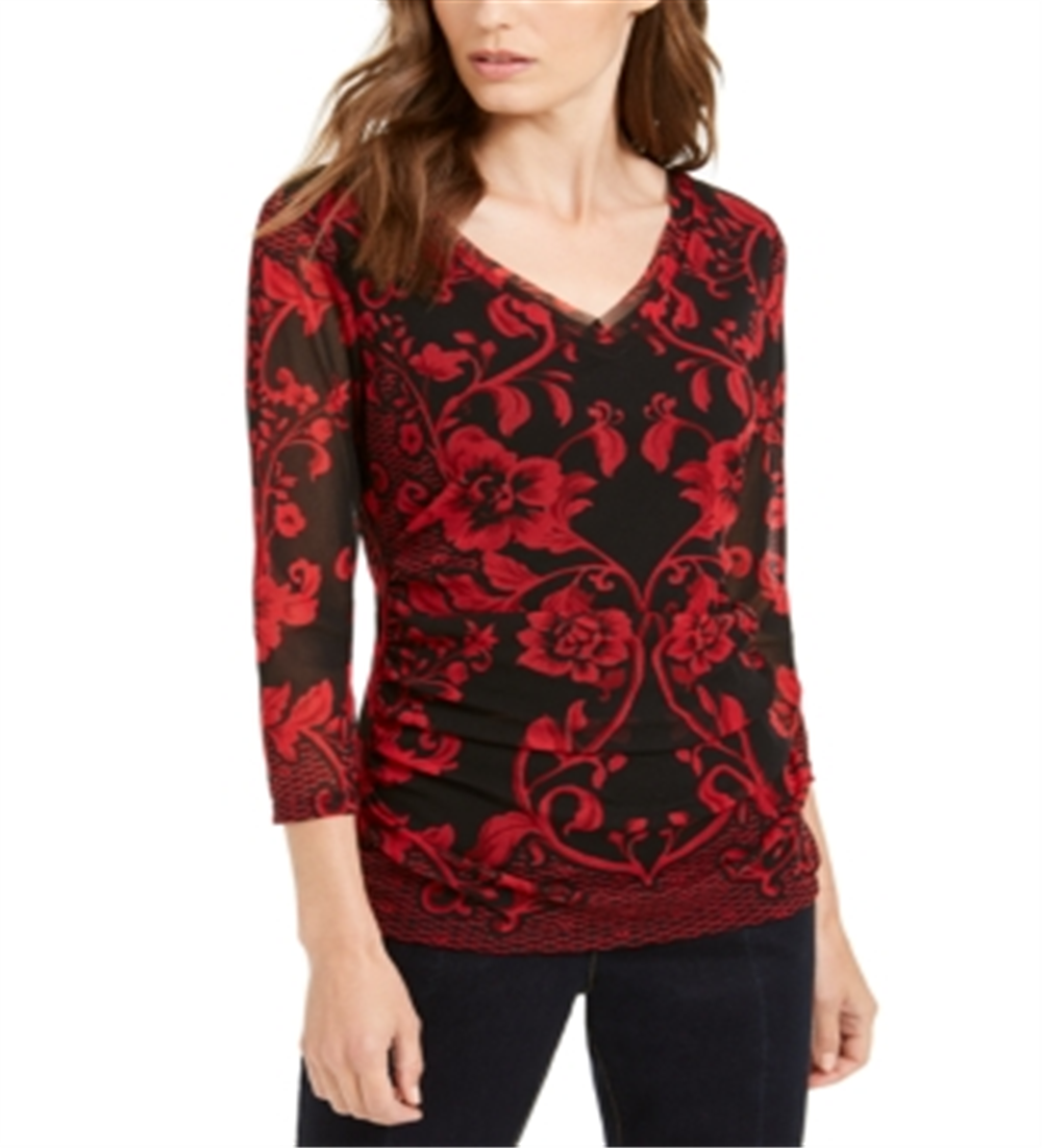 INC International Concepts Women's Printed Mesh Top Red Size Petite
