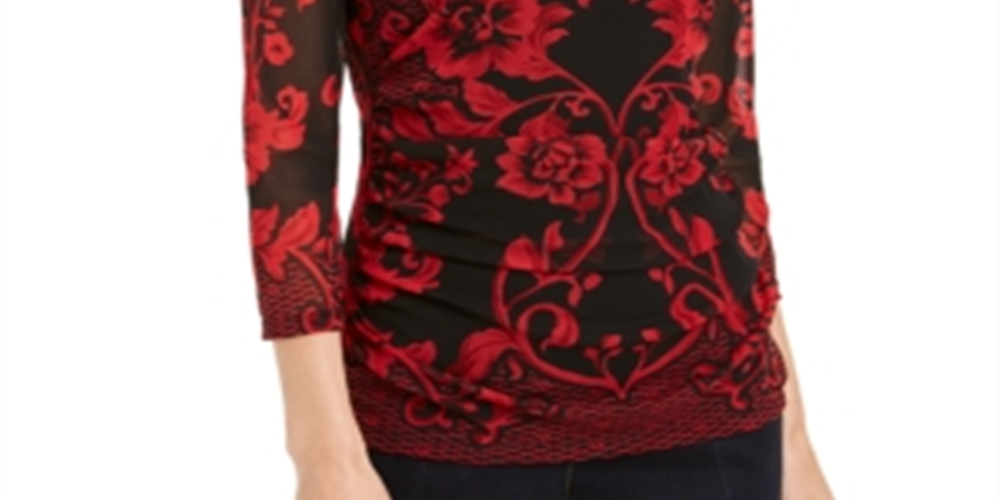 INC International Concepts Women's Printed Mesh Top Red Size Petite