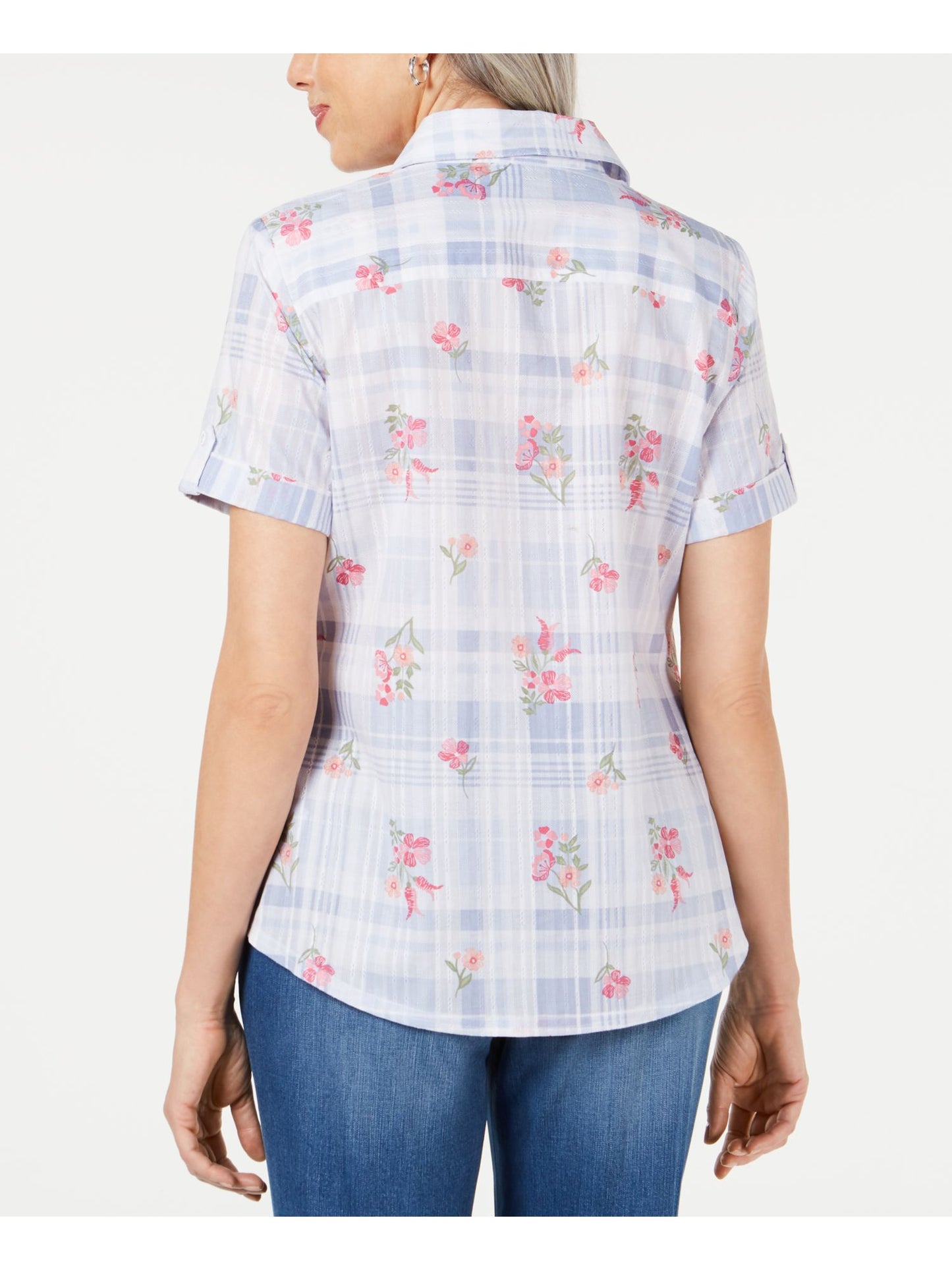 Karen Scott Women's  Floral Cuffed Button up Top Blue Size Petite S