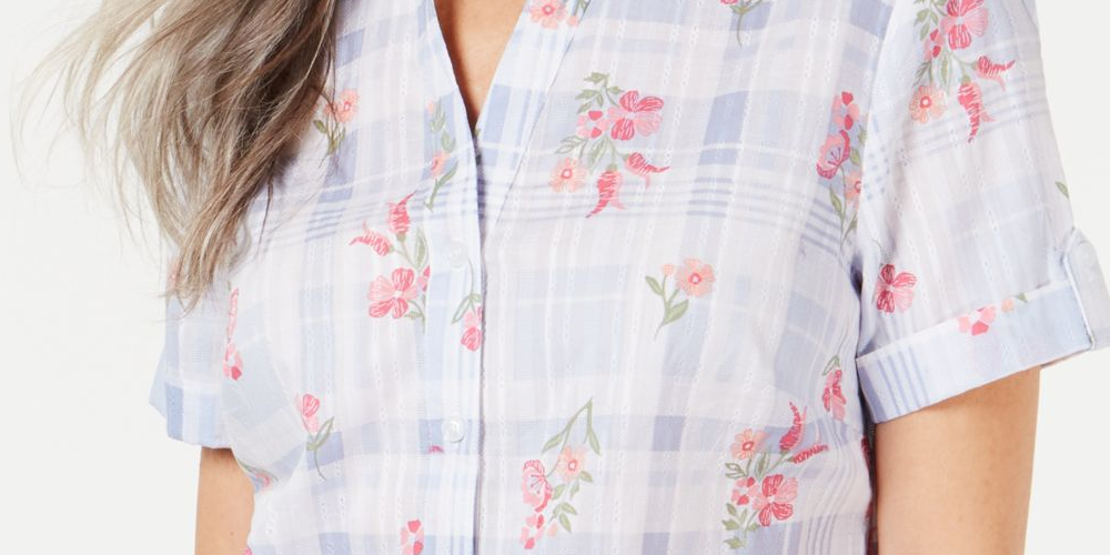 Karen Scott Women's  Floral Cuffed Button up Top Blue Size Petite S
