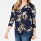 Charter Club Women's Floral-Print V-Neck Top- Intrepid Blue  Size 2XL