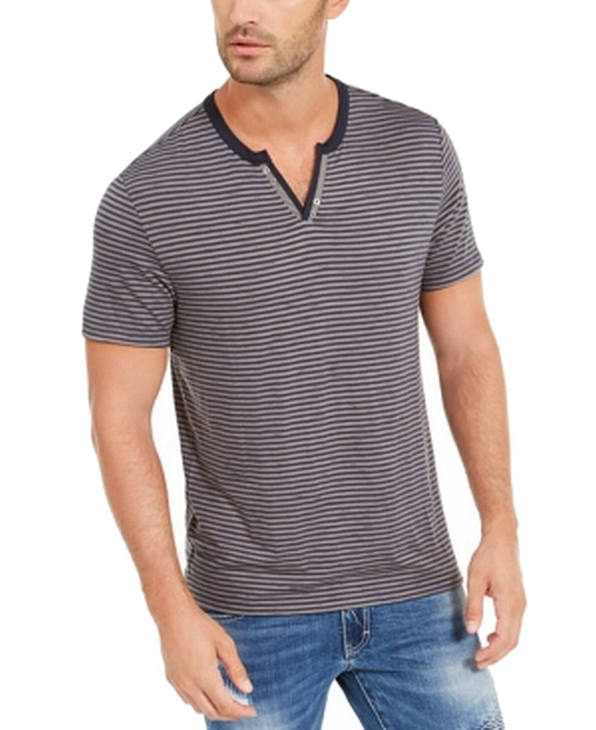 INC Men's Striped Split-Neck T-Shirt  Blue Size Small
