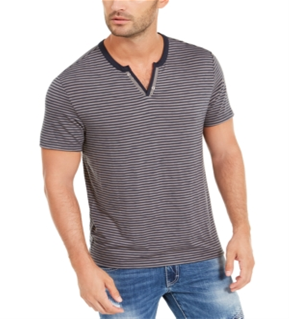 INC Men's Striped Split-Neck T-Shirt  Blue Size Small