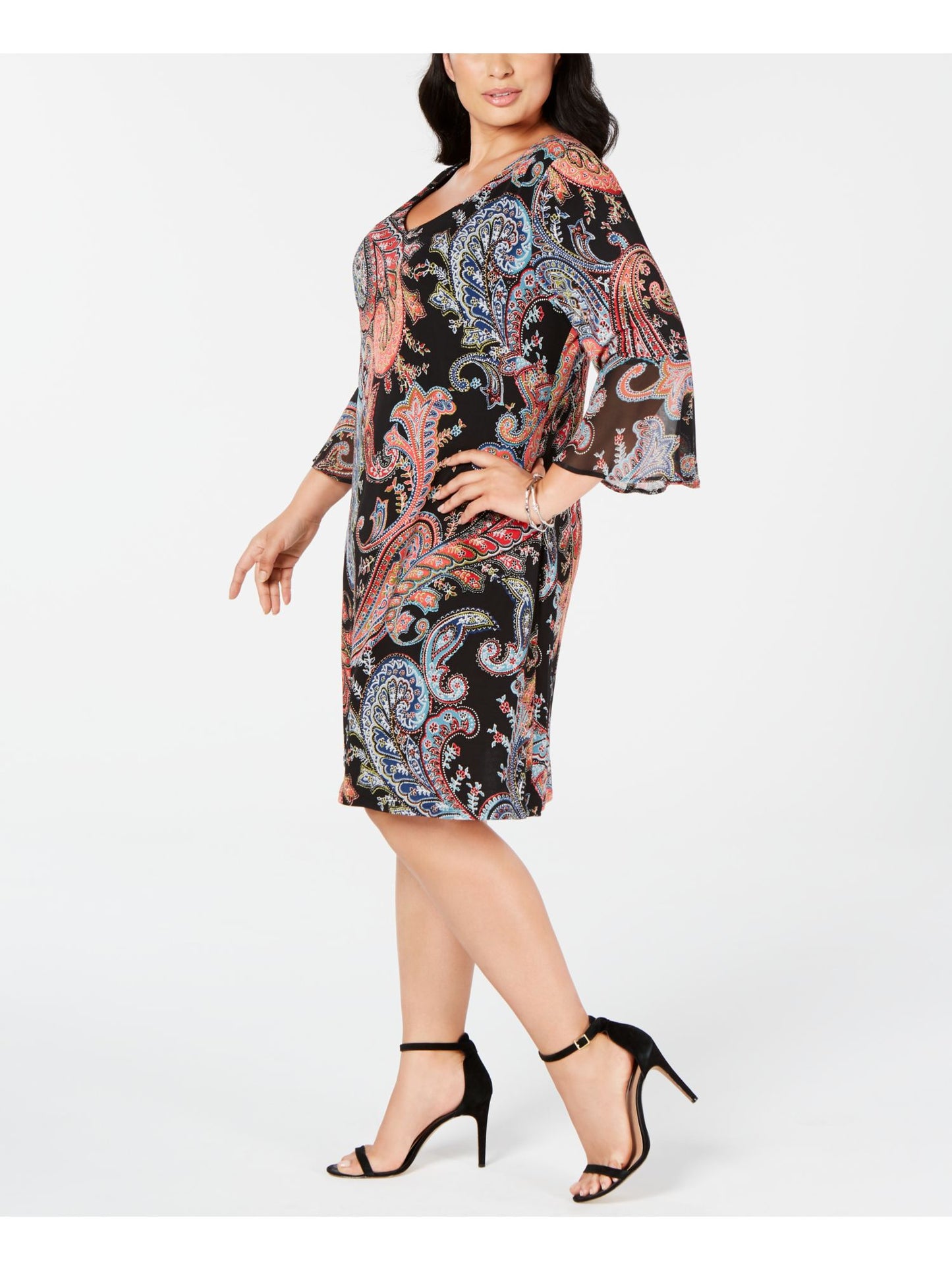 Connected Apparel Women's Dress Plus Paisley Bell-Sleeve Black Size 20W