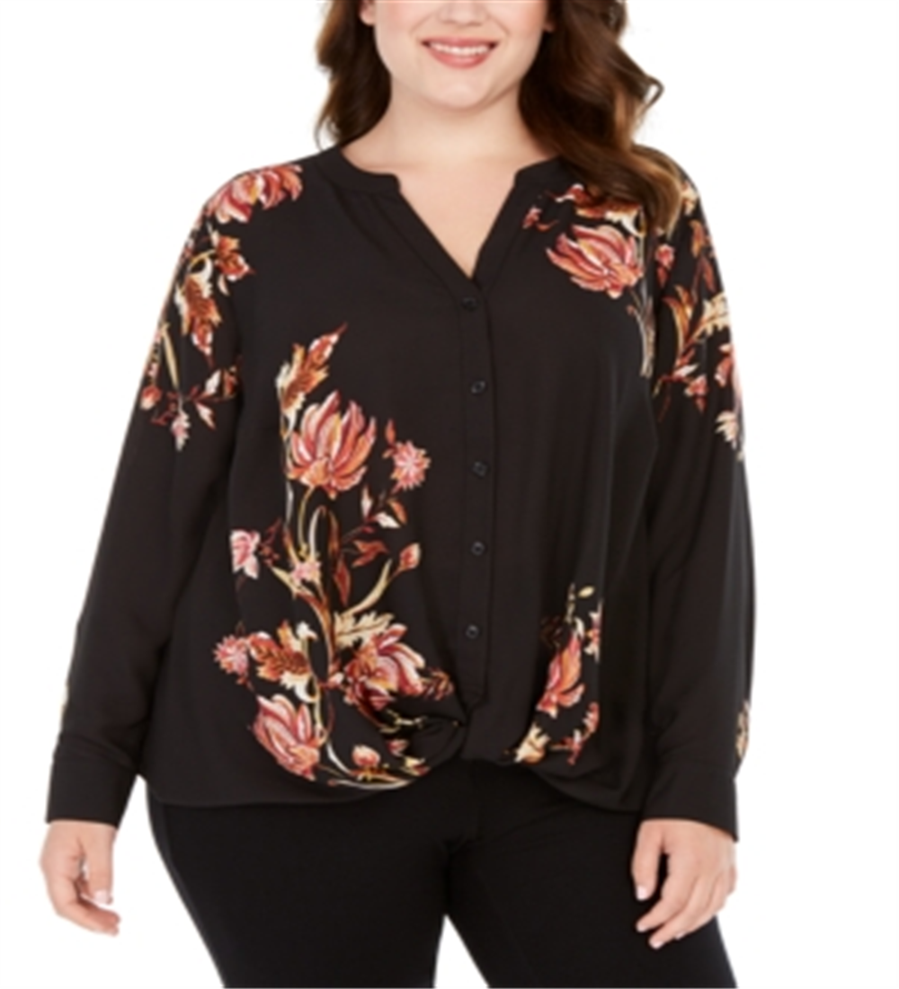 INC International Concepts Women's Plus Floral Print Twist Hem Blouse Black Size 0X