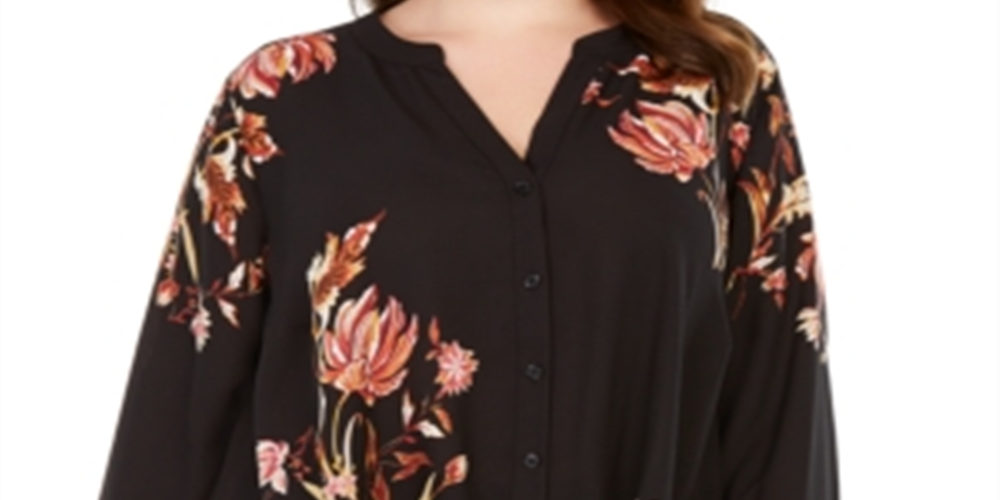 INC International Concepts Women's Plus Floral Print Twist Hem Blouse Black Size 0X