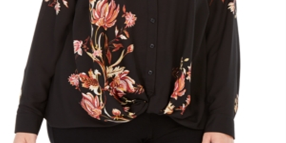 INC International Concepts Women's Plus Floral Print Twist Hem Blouse Black Size 0X