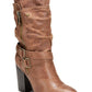 Carlos By Carlos Santana Women's Layered Crisscross Strap Cushioned Buckle Accent Paisley Pointed Toe Block Heel Zip up Heeled Boots Brown Size 10 M