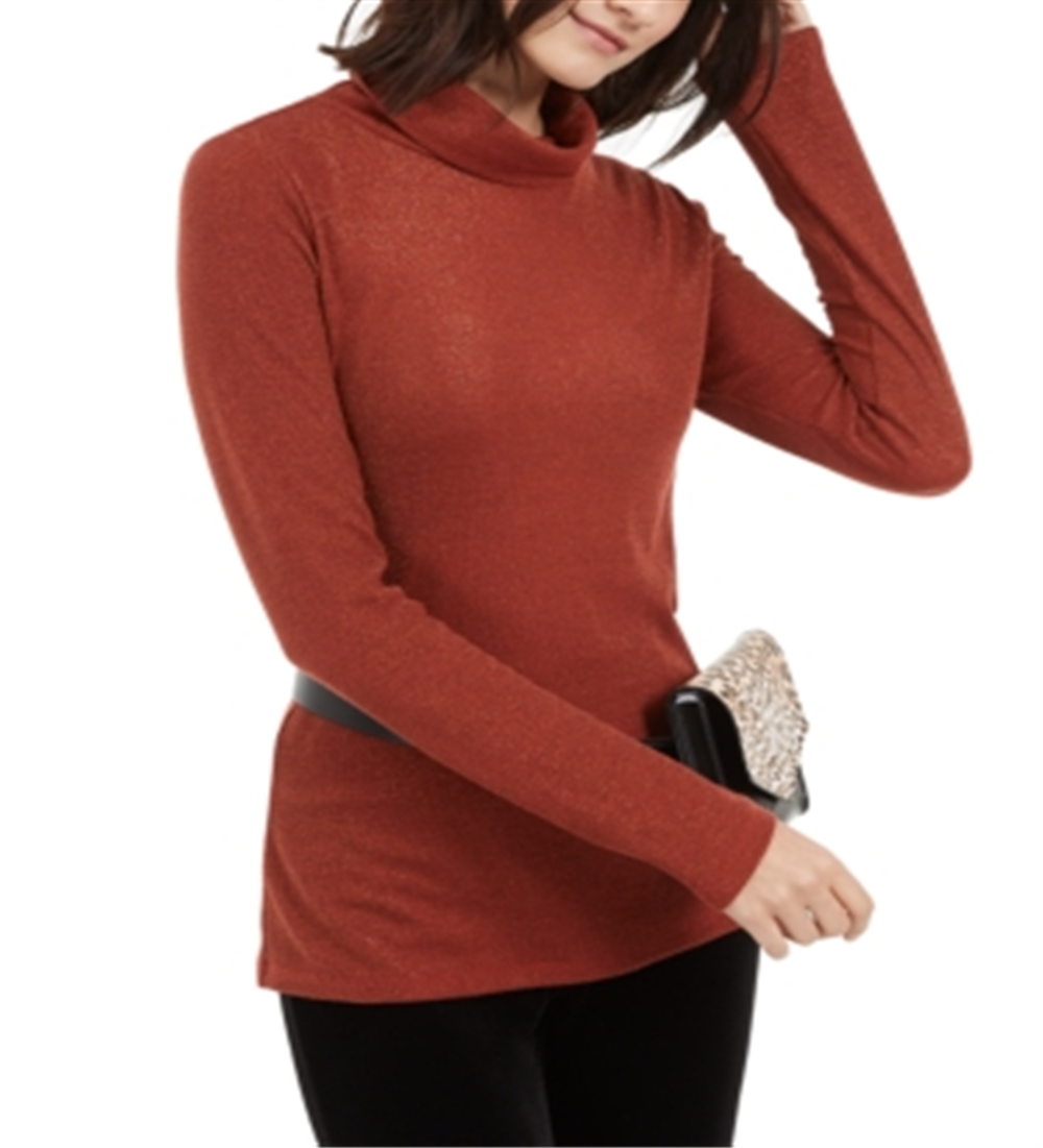 INC International Concepts Petite Metallic-Knit Turtlenec Burnt Pepper Size PXL