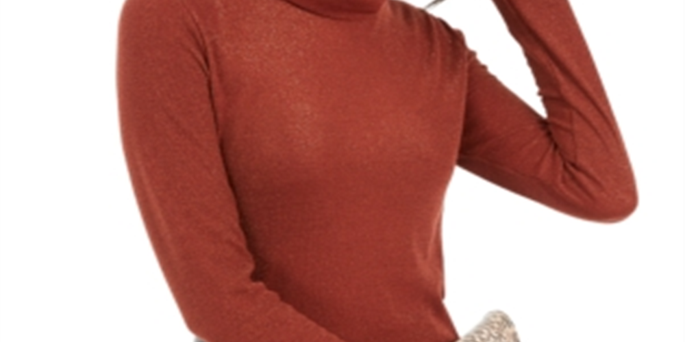 INC International Concepts Petite Metallic-Knit Turtlenec Burnt Pepper Size PXL