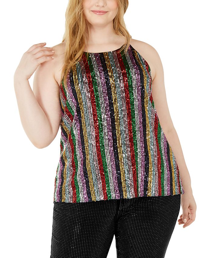 INC Women's Plus Sequin Striped Halter Top Black Size -3X