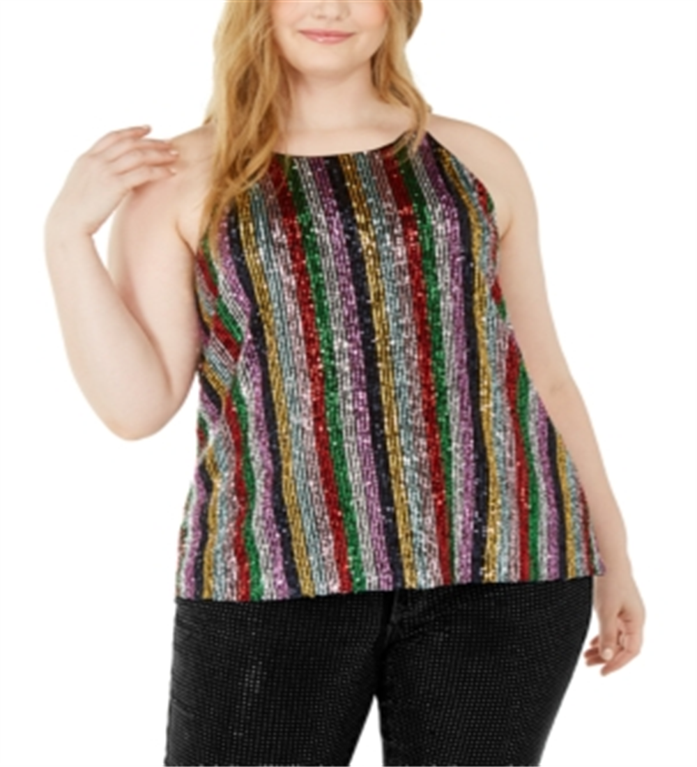 INC Women's Plus Sequin Striped Halter Top Black Size -3X