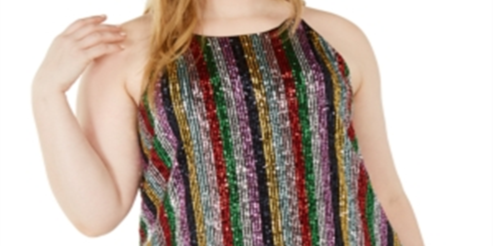 INC Women's Plus Sequin Striped Halter Top Black Size -3X