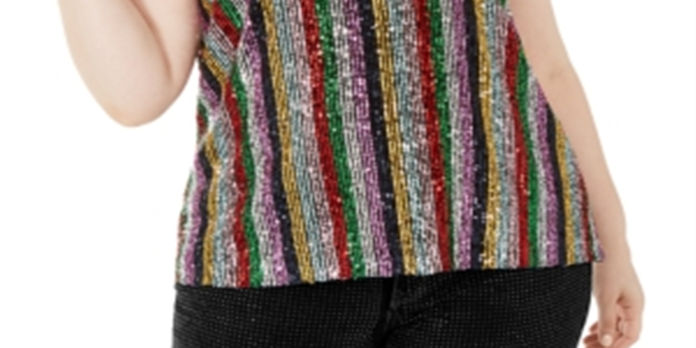 INC Women's Plus Sequin Striped Halter Top Black Size -3X