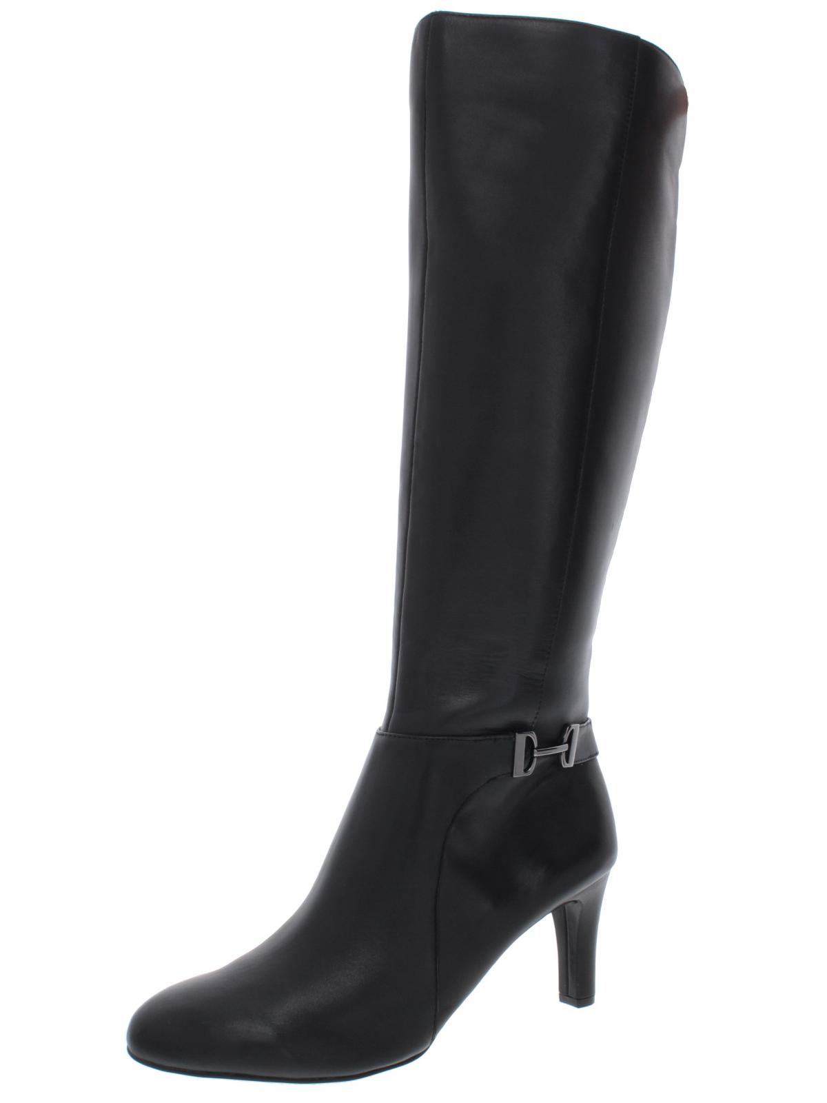 Alfani Women's Stretch Gore Hardware Detail Padded Perrii Round Toe Block Heel Zip up Leather Heeled Boots Black Size 10 M