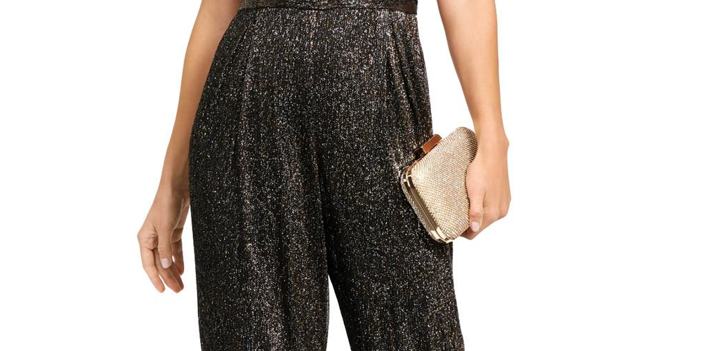 SLNY Women's Metallic Wide Leg Jumpsuit Gold Size 16