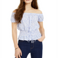 Ultra Flirt Junior's Smocked Lace up Off the Shoulder Blouse White Size Large