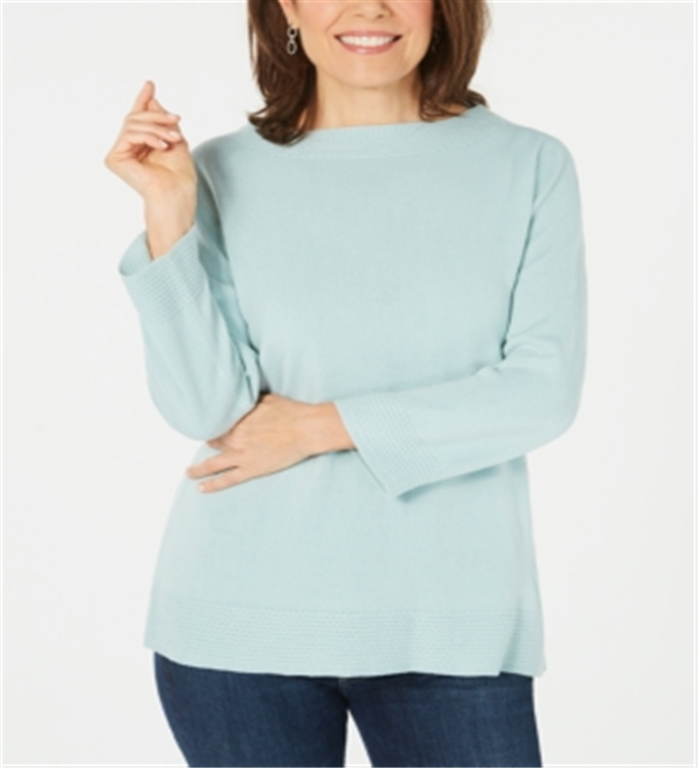 Karen Scott Women's Ribbed Printed Long Sleeve Crew Neck Blouse Top  Blue Size  Petite S