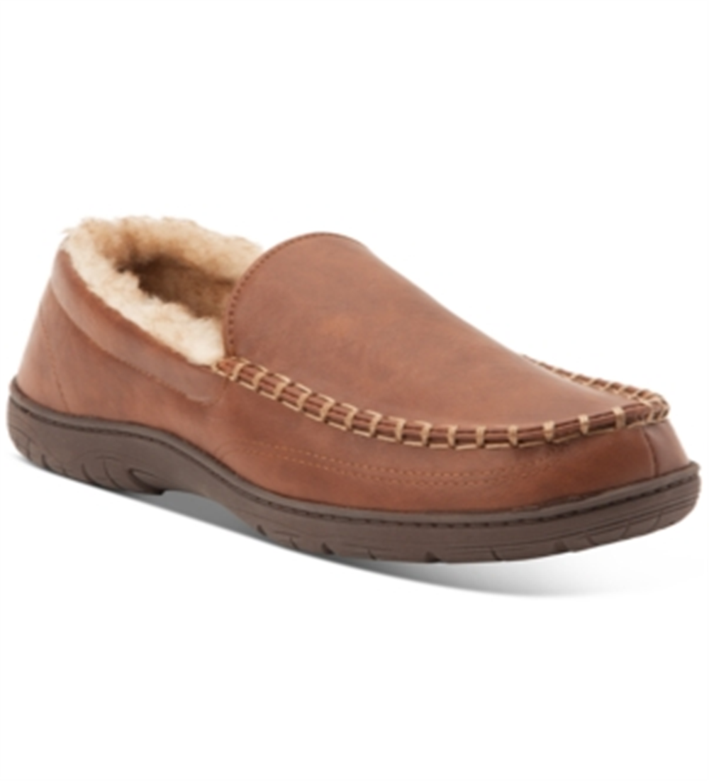 Weatherproof Vintage Men's Loafer Slippers Faux Leather Slip on Brown Size Large