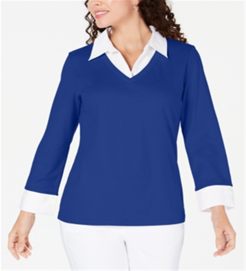 Karen Scott Women's Layered Look Cotton Top Blue Size Petite