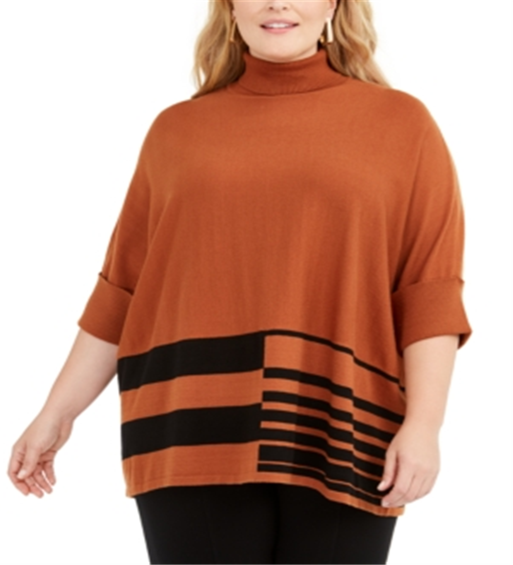 Alfani Women's Plus Colorblock Turtleneck Poncho Sweater Brown Size 3X