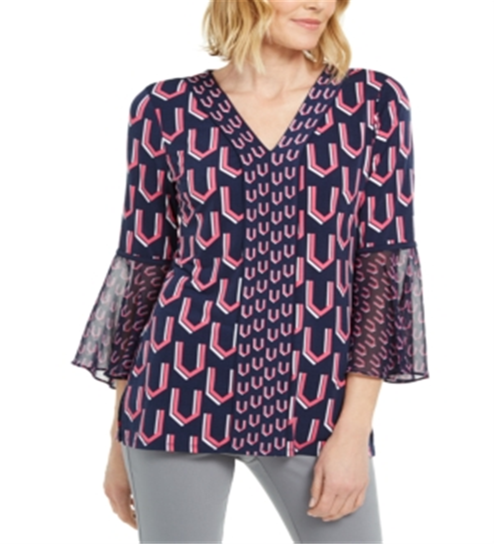JM Collection Women's Printed Bell-Sleeve Tunic  Blue Size XL