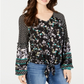 Style & Co Women's  Mixed-Print Tie-Front Top  Black Happy Mix Size XS