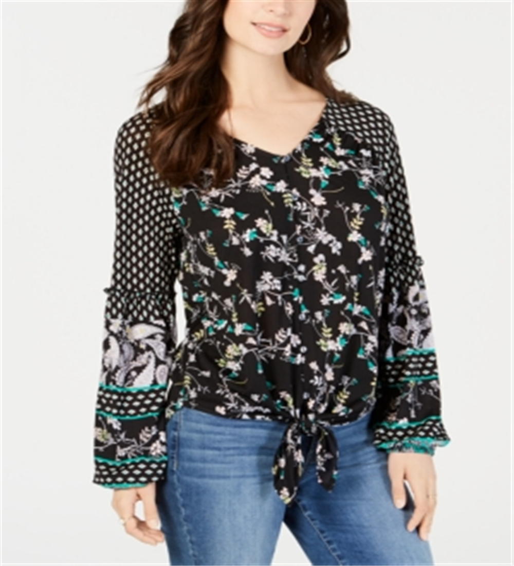 Style & Co Women's  Mixed-Print Tie-Front Top  Black Happy Mix Size XS