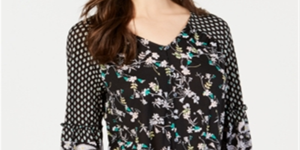 Style & Co Women's  Mixed-Print Tie-Front Top  Black Happy Mix Size XS