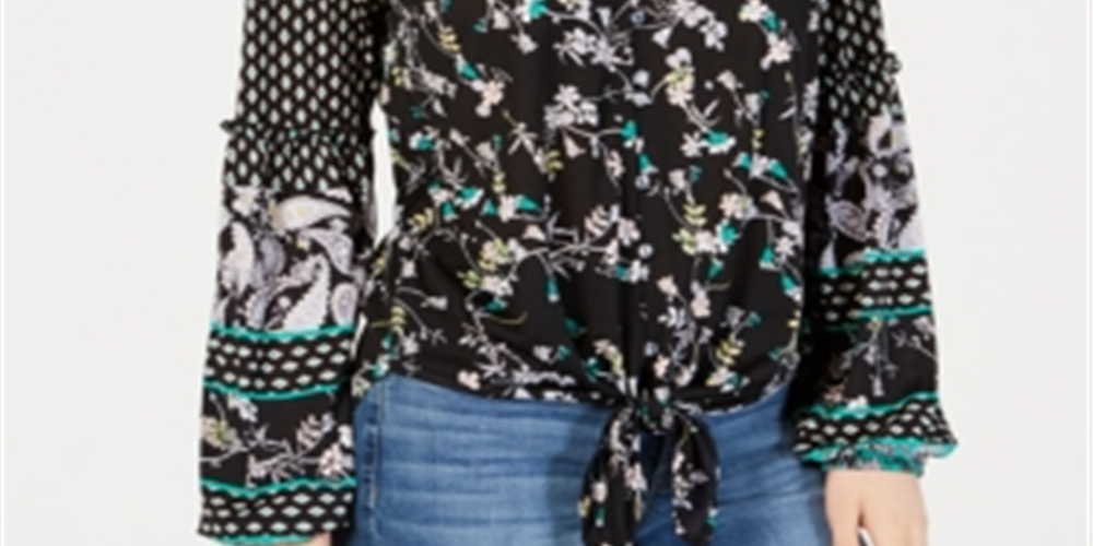 Style & Co Women's  Mixed-Print Tie-Front Top  Black Happy Mix Size XS
