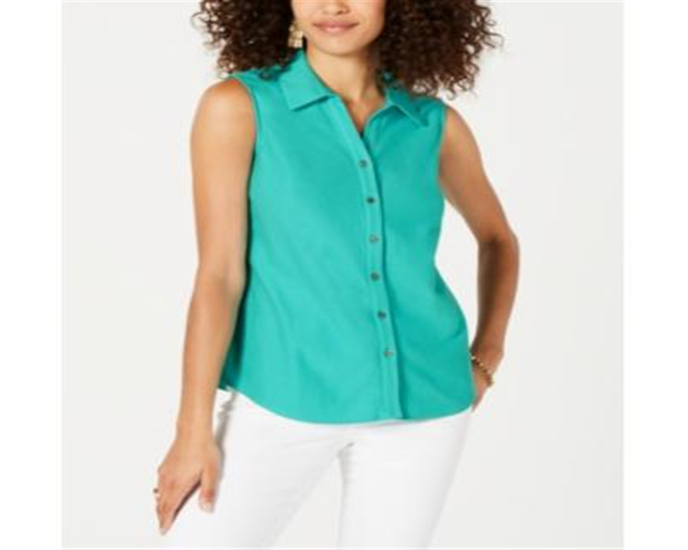 Charter Club Women's Pique Sleeveless Shirt  Turquoise Stone Size 6