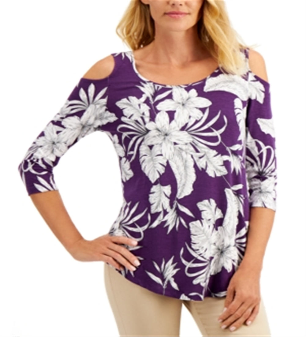 JM Collection Women's  Floral-Print Cold-Shoulder Top  Purple Size Medium