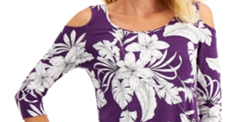 JM Collection Women's  Floral-Print Cold-Shoulder Top  Purple Size Medium
