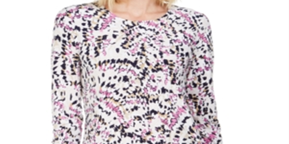 JM Collection Women's Printed 3/4 Sleeve Jewel Neck Top White Size Small