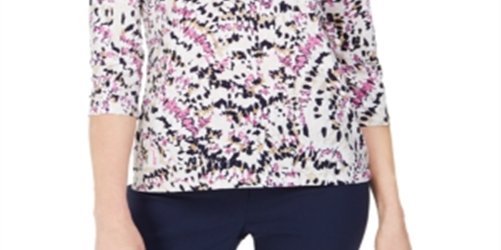 JM Collection Women's Printed 3/4 Sleeve Jewel Neck Top White Size Small