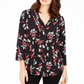 Charter Club Women's Floral Print Pleated V-Neck Blouse  Deep Black  Size XL