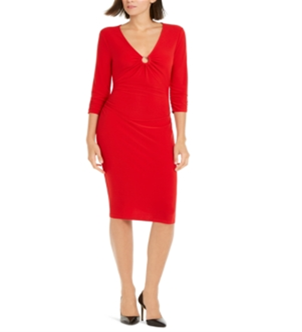 INC Women's Ring-Hardware Ruched MIDI Dress  Red Size Small