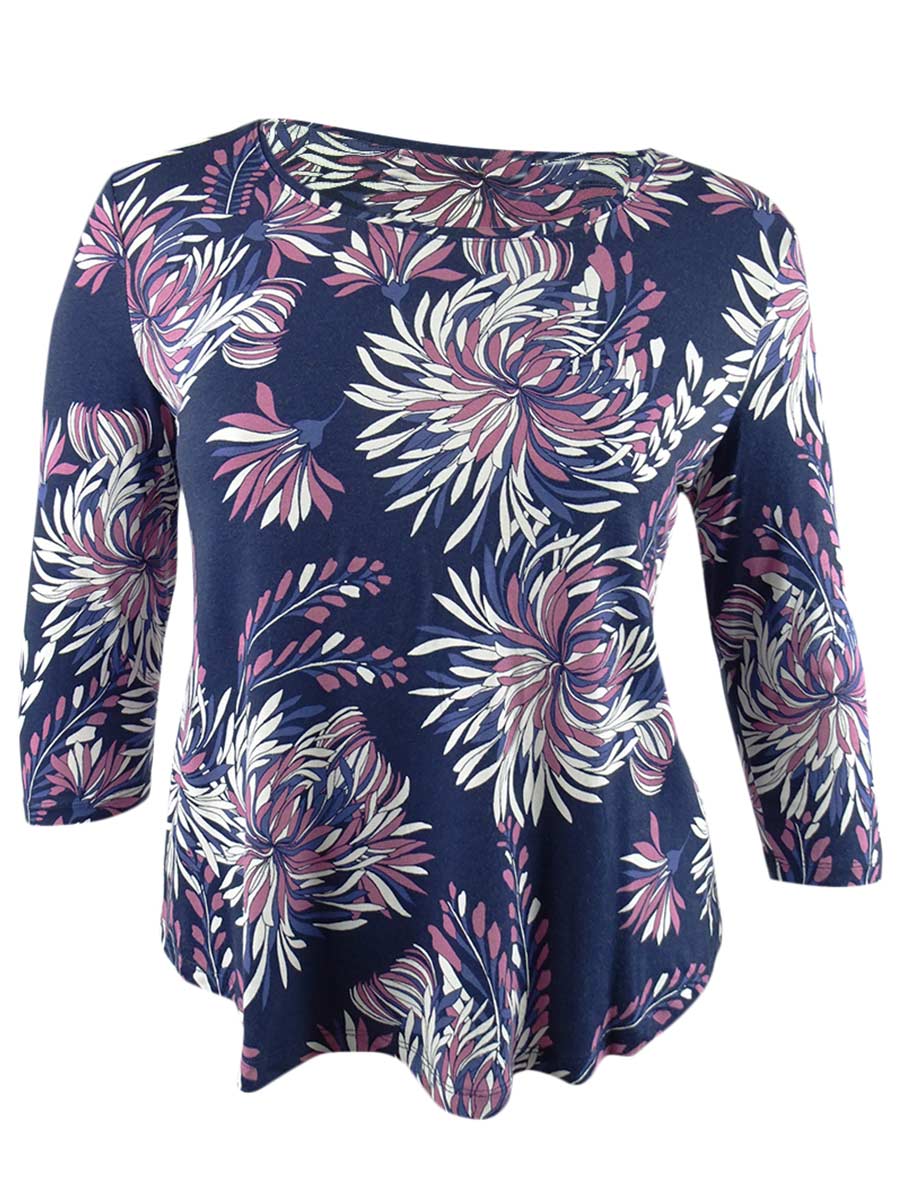 JM Collection Women's Petite Floral-Print Top  Leafy Blossoms Size Petite L