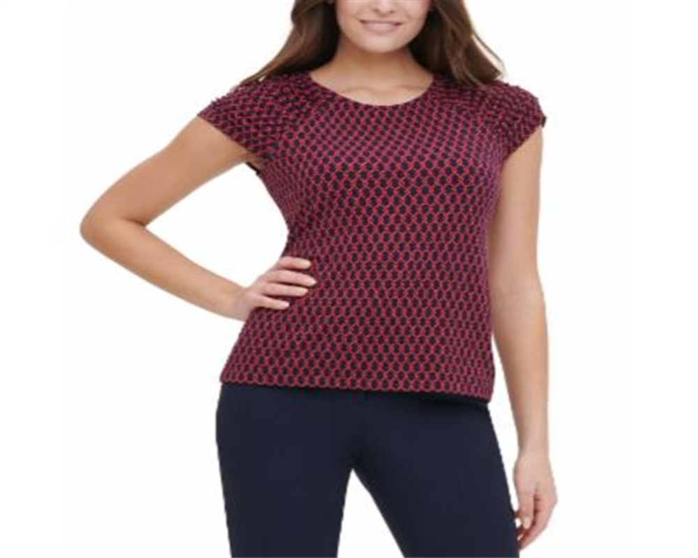 Tommy Hilfiger Women's Printed Ruched Sleeve Top Red Size X-Large