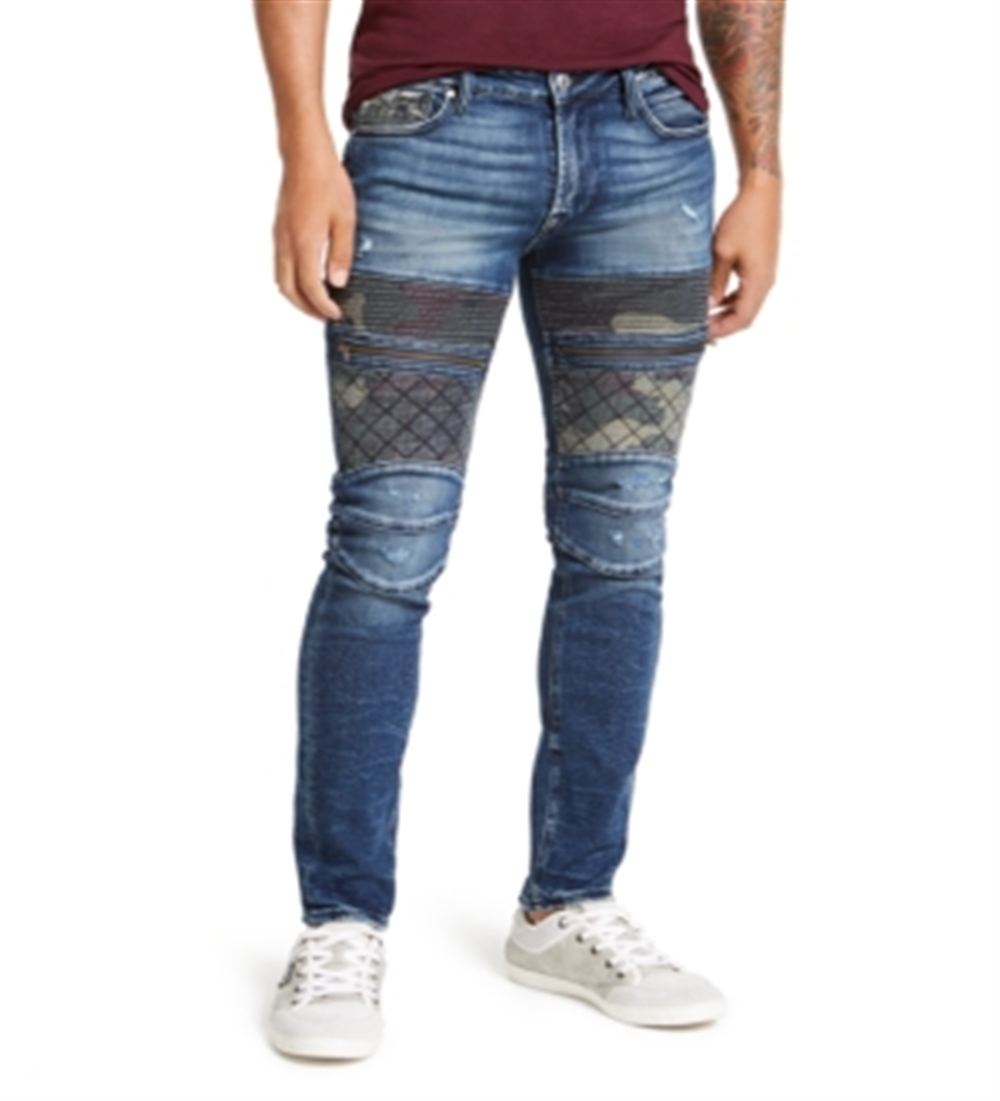 Guess Men's Blocked Moto Skinny Jeans Blue Size 34