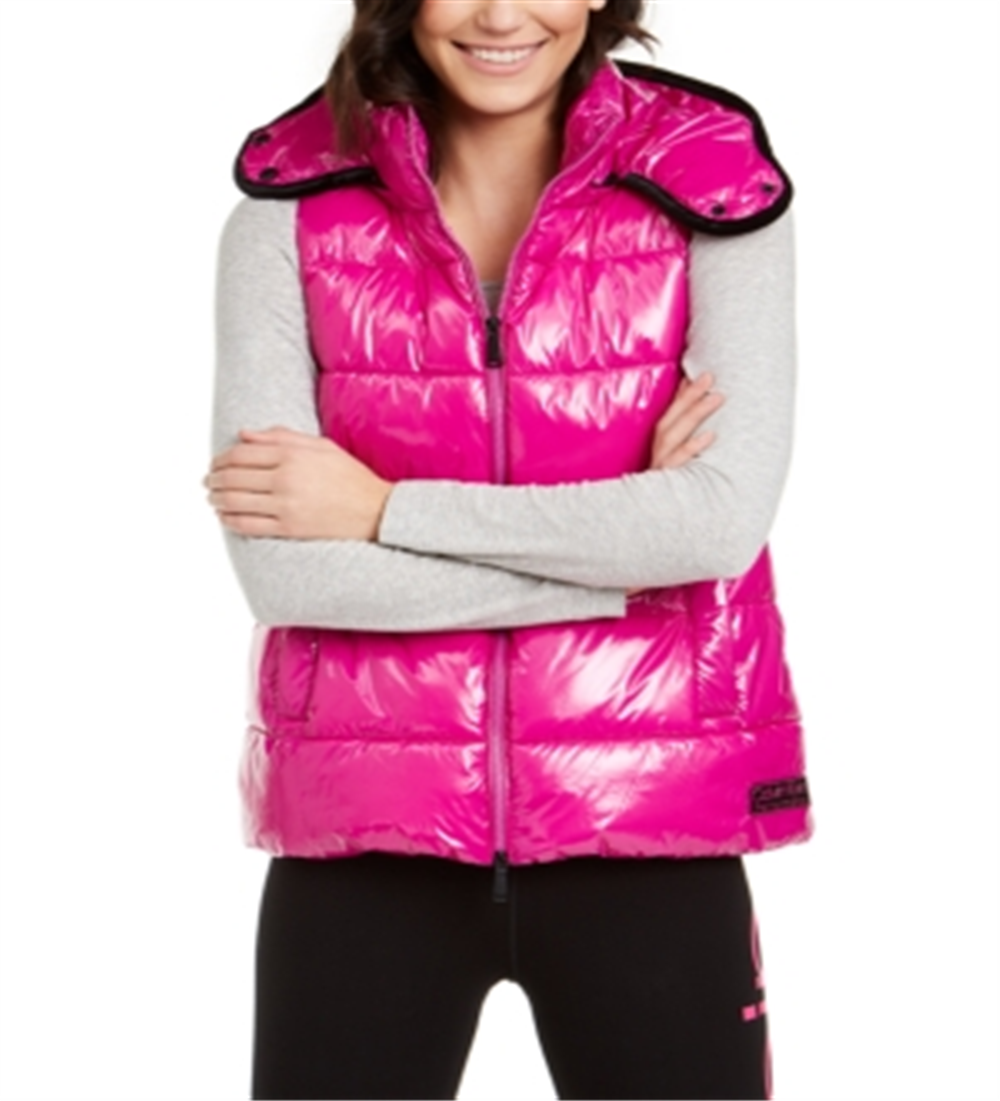 Calvin Klein Women's Performance Shine Padded Full Zip Hooded Vest Purple Size Large