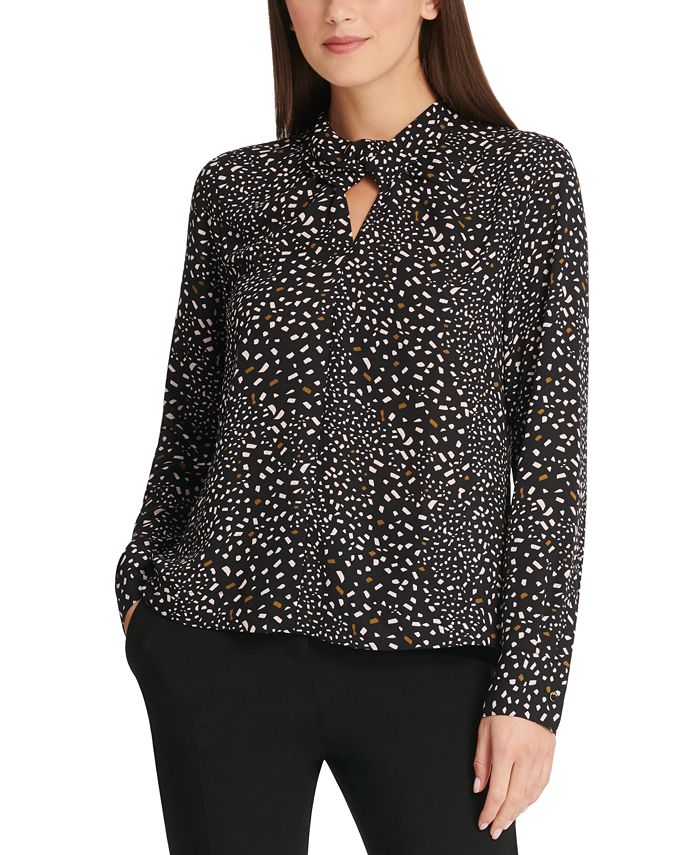DKNY Women's Confetti Print Twist Neck Top Gray Size X-Small