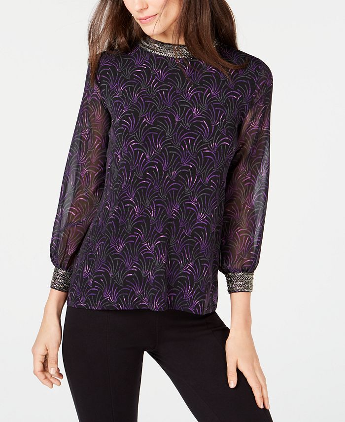 Alfani Women's Printed Embellished Neck Top Black Size Petite Small
