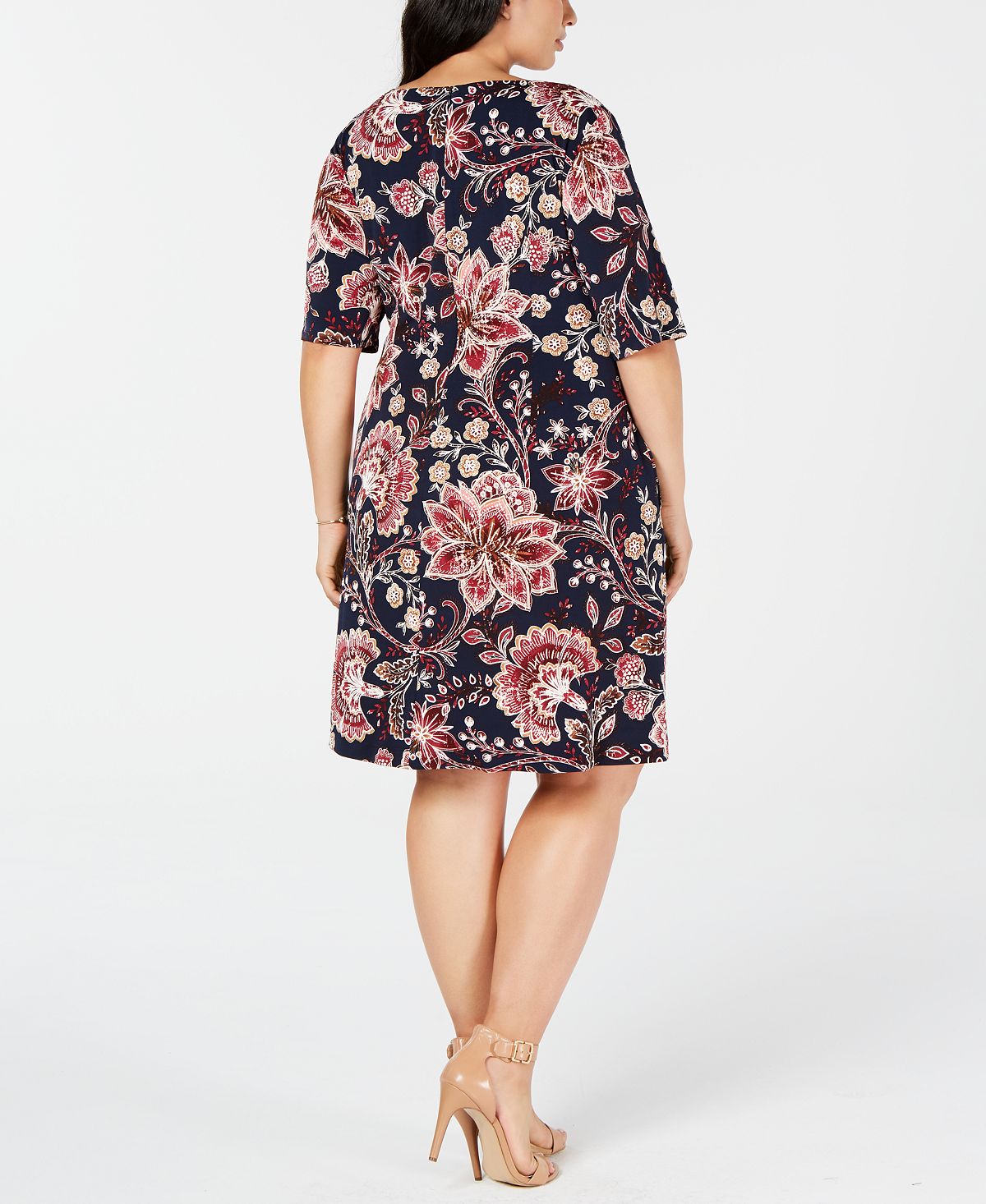 Connected Women's Floral 3/4 Sleeve Jewel Neck Knee Length Sheath Dress Blue Size 18W