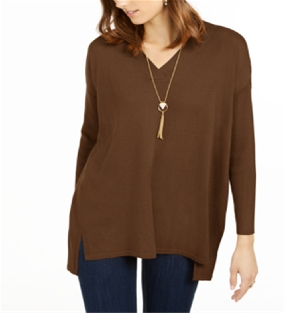 Style & Co Women's Long Sleeve V Neck T-Shirt Brown Size Small