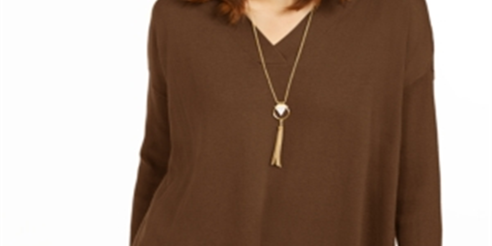Style & Co Women's Long Sleeve V Neck T-Shirt Brown Size Small