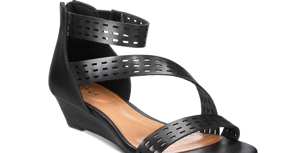Style & CO Women's Giordi Perforated Strap Wedge Sandals Black Size 9